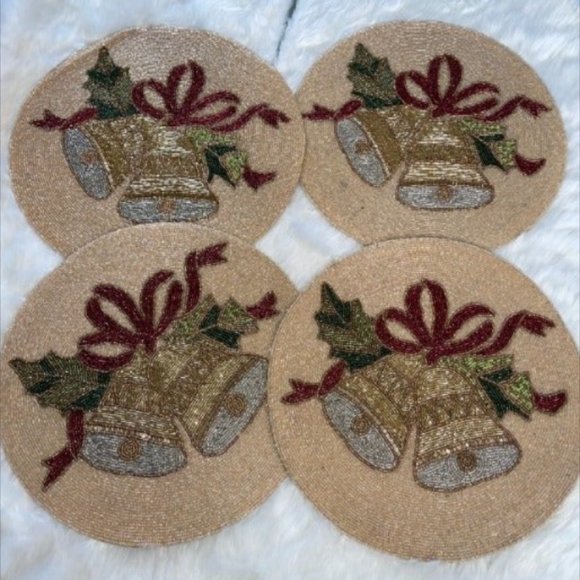 NWT FOUR Christmas Bells Holiday Bead Embellished Placemat Chargers - Picture 4 of 8